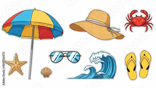 Beach Vacation Essentials Collection with Umbrella Hat Sunglasses Wave Crab Starfish.