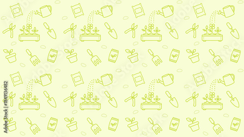 Seamless gardening pattern with line icons of watering cans, plant pots, seedlings, gloves, hand tools, soil on a light yellow background, representing home gardening, planting, nature care concepts