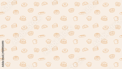Seamless bakery pattern with orange line icons of bread, croissants, cakes, donuts, pretzels, muffins on a light cream background, expressing bakery lifestyle, sweetness, warm homemade food themes