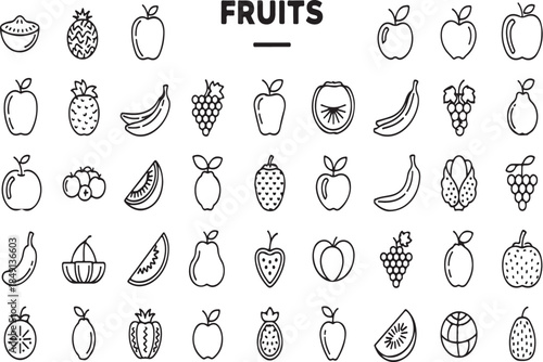 A colorful array of fresh fruits icons in simple line drawings and minimalistic style