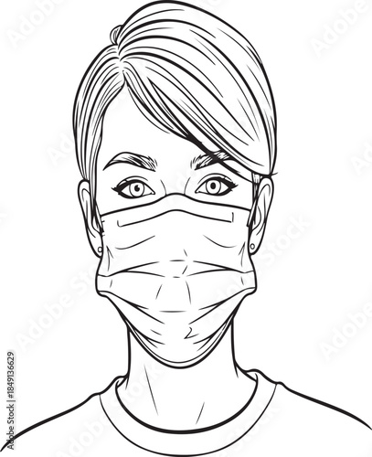 Woman wearing surgical face mask, illustration of female with short hair and protective covering