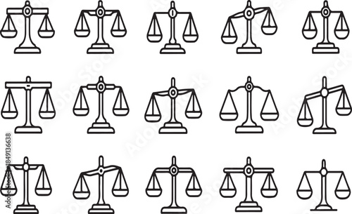 Various Scales of Justice Icons in Different Positions on White Background for Law and Balance Concepts