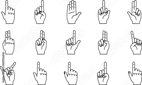 Various Hand Gestures Pointing Upward in Black and White Illustrations for Communication and Expression