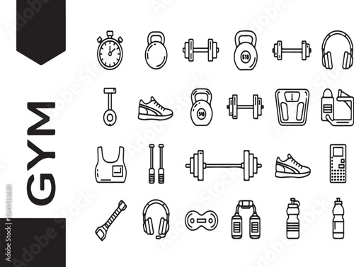 Gym Equipment and Fitness Icons Set for Workout and Exercise Routine Planning