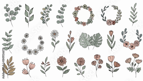 Collection of Hand Drawn Botanical Elements and Floral Wreaths.