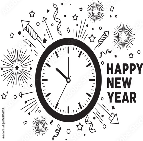 Happy New Year Celebration Clock Striking Midnight with Fireworks and Confetti Decorations