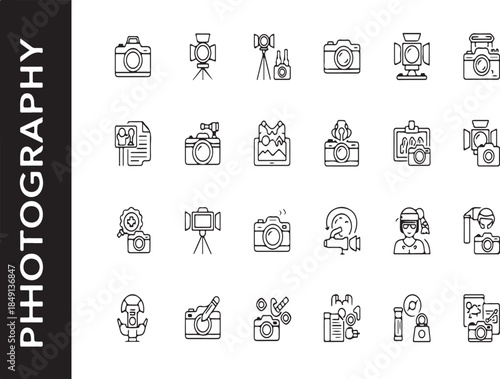 Photography icons set, various camera and equipment symbols in black and white line art style