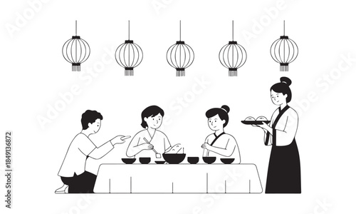 Four smiling people enjoy a traditional communal meal under decorative hanging lanterns in this outline illustration