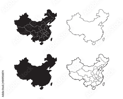 Four black and white map outlines show China with and without its internal provincial borders