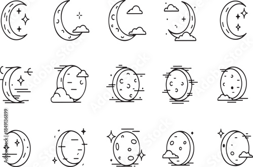 Moon Phase Icons with Clouds and Stars in Minimalist Line Art Style for Lunar Cycle Graphics