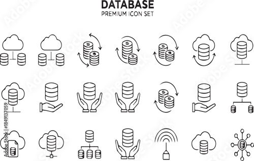 Database Premium Icon Set - Cloud Storage, Data Management, and Financial Transaction Symbols