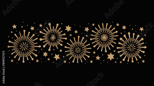 Gold Fireworks and Stars on Black Background, Celebration Illustration