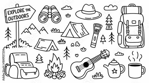 Outdoor Adventure Illustration with Camping Gear and Nature Elements