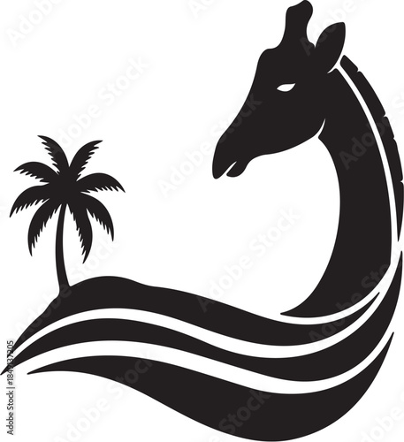 Giraffe Silhouette Tropical Island Waves Black White Graphic Art Design Element