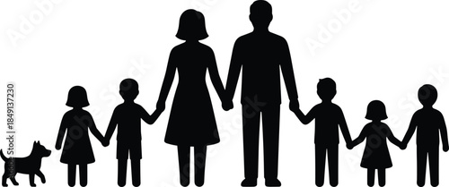 Family group with children and dog icon set, black silhouette illustration of unity, parenting, and companionship concept graphic