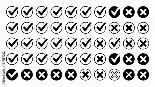 Checkmark and Cross Symbols in Grid Pattern, Black and White