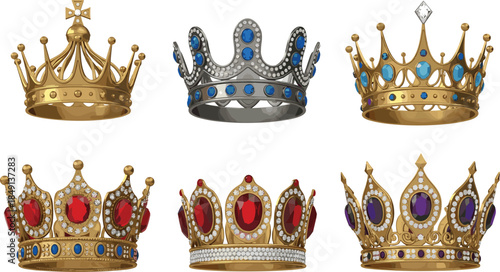 Collection of luxurious royal crowns with gemstones in different designs isolated on white, monarchy symbol vector illustration