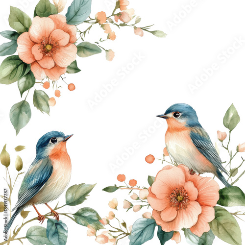 Birds Perched on Flowering Branches on transparent background