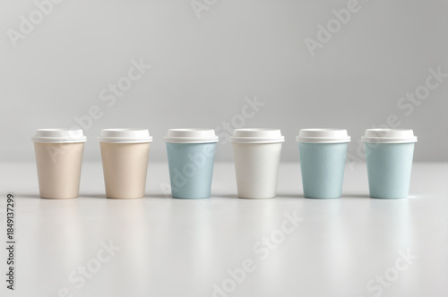 Collection of paper coffee cups in different colors arranged on a table against a plain background