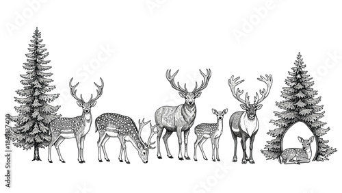 A serene winter scene featuring deer grazing near trees in a snowy landscape viewed from the side.