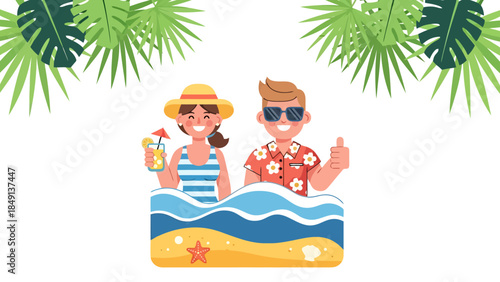 Summer Vacation Scene with Couple Relaxing on Inflatable Pool Float