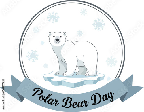 Polar Bear Day Icon: An endearing polar bear stands on a block of ice amidst delicate snowflakes, a heartwarming emblem for a special day. A symbol of resilience and the enchanting arctic landscape.