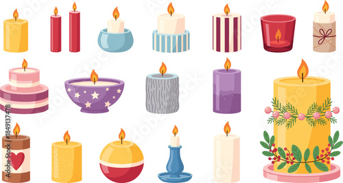 Colorful decorative candles collection in different shapes and designs isolated on white, festive home decor vector illustration