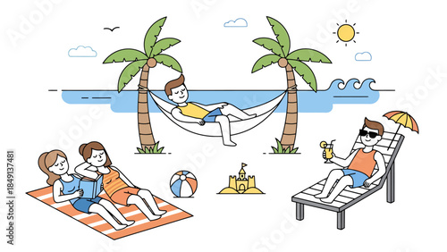 Relaxing vacation scene with people lounging on a beach by the water