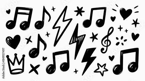 Black and White Music Notes and Symbols with Hearts and Stars