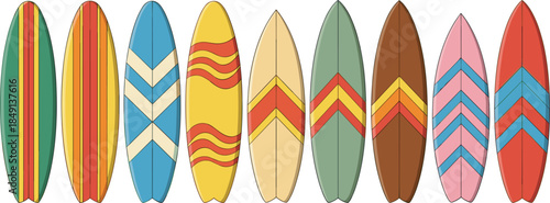 Colorful surfboard collection with different patterns and shapes isolated on white, summer beach surfing sport vector illustration