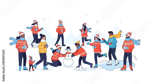 Festive Winter Celebration with People Engaging in Holiday Activities Outdoors