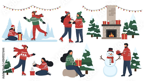 Festive Winter Scene with People Celebrating Christmas and Snow Activities