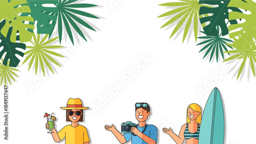 Tropical beach scene with three friends enjoying outdoors during daytime