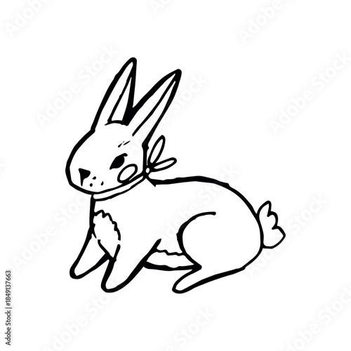 Cute hand drawn bunny with bow and rosy cheeks, lying on four paws. Minimal doodle rabbit illustration in line art style for kids design, nursery decor, stickers, stationery, cozy branding and storyte