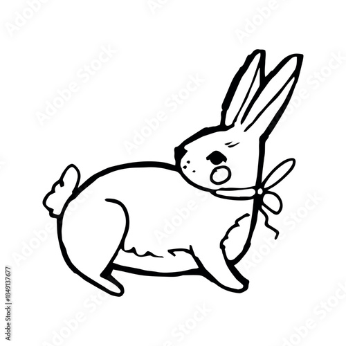 Cute hand drawn bunny with bow and rosy cheeks, standing and looking back over shoulder. Gentle doodle rabbit illustration in line art style for kids design, nursery decor, stickers, stationery and co