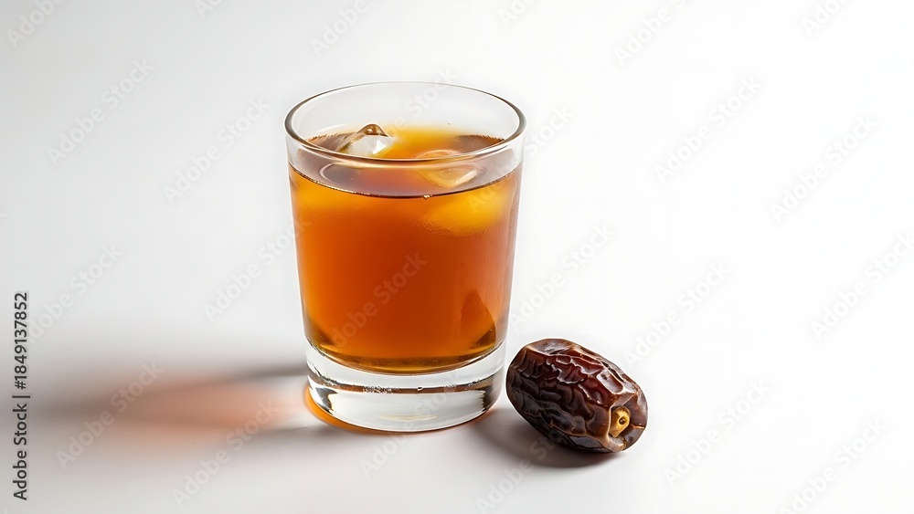 Fototapeta premium Glass of Iced Tea with a Date Fruit on a White Surface beverage drink