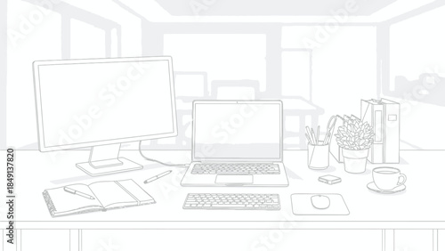 Clean line art sketch of a modern office desk setup featuring a laptop external monitor notebook and coffee cup ready for work