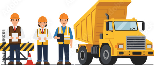 Construction workers standing near yellow dump truck with safety barriers, roadwork and heavy machinery cartoon vector illustration