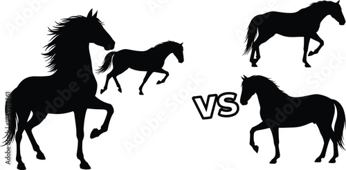 Horse silhouette comparison illustration, dynamic running and standing poses versus concept, equine motion analysis, power, strength, speed, competition and animal movement artwork