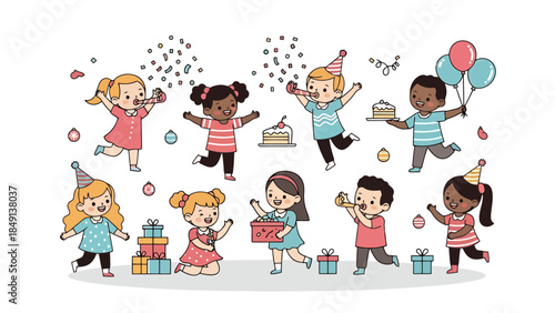 Group of Children Playing with Balloons and Bubbles at Birthday Celebration