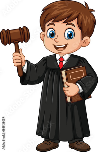 Cute cartoon judge character holding gavel and law book, friendly legal profession mascot isolated vector illustration