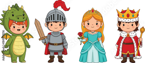Cute fairy tale characters set with dragon knight princess and king, cartoon fantasy children vector illustration