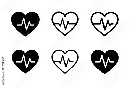 Heart Pulse Logos. Heart rate monitoring. Set Logo of Heart rate monitoring: pulse waveform within heart. harmonious logo variations of the same emblematic