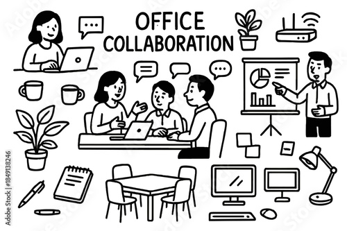Office Collaboration Doodles. Office Collaboration. Hand-drawn doodle illustration Office Collaboration people discussing, laptops, desks, chairs, coffee cups,