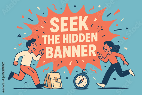 Find the Banner. Seek the hidden banner, flat vector illustration, bold oversized text inside splash explosion, cartoon characters running and pointing,