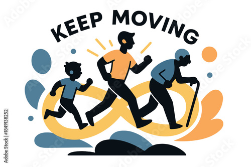 Evolving Together. Longevity & Vitality. Generations of silhouettes move in rhythm?child, adult, elder?all connected by a glowing infinity loop. ?Keep Moving?