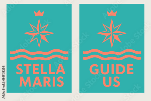 Stella Maris Guide. Star of the Sea. Two vertical A6 banners with safe margins, centered composition, no elements touching edges, modern, turquoise and coral,