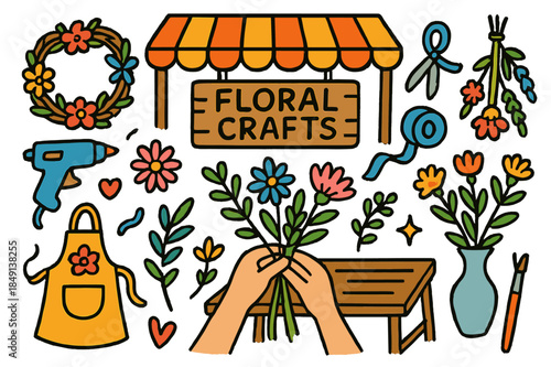 Floral Crafts Station. Floral crafts booth. Colorful Hand-drawn doodle Children illustration Floral crafts booth wreath, scissors, ribbon, glue gun, dried