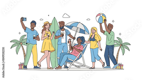 Group of Diverse People Enjoying a Day at the Beach with Umbrellas and Sun Protection