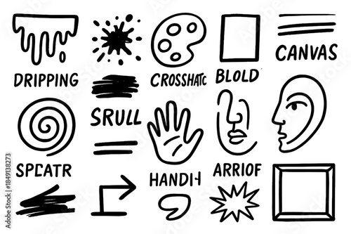 Abstract Expressionist Doodles. Abstract expressionism. Hand-drawn doodle illustration abstract expressionism dripping paint, splatter, brush, canvas, palette,